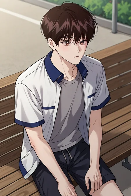score_9, score_8_up, score_7_up,score_6_up,score_5_up,score_4_up,source_anime,BREAK, rating_safe, intricate details , , , anime screencap, anime coloring, official style, depth of field,1boy, solo, male focus , , , <lora:yo_il:0.80>,won yo il,dark brown hair,brown eyes,short hair,t-shirt, sitting, grey shirt,jacket,short sleeves, outdoors, open clothes, shorts, feet out of frame, black shorts,sport jacket,white jacket,blue collar,collared jacket,bench, looking up,from above,thoughtful expression,school,schoolyard , , , <lora:sdxl_lightning_8step_lora_315544:1>