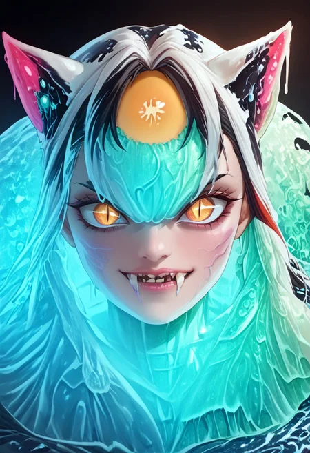 Extreme photorealistic, 1GRIL, portrait, cat girl, mesmerizing golden eyes, slit pupils.  34 YEARS OLD, wrinkles, eye focus, glowing eyes, YELLOW EYES, CAT EYES, big eyes, anime eyes, SPLIT-COLOR HAIR, MIX OF WHITE AND BLACK HAIR, MULTICOLORED HAIR, TUSKS, BIG CANINE TEETH. fangs, Fang, BLACK SLIT PUPILS,  streaked hair, body turned, looks at viewer, leather shoulder padding, bangs, (slime-morph:2.3), sl1m3d, made of slime.