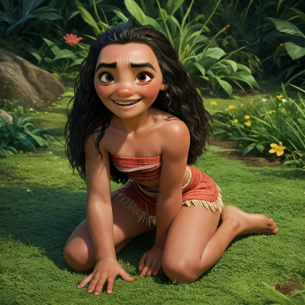 score_9, score_8_up, score_7_up, score_6_up, score_5_up, score_4_up, rating_explicit, Moana, on the ground, barefoot, small breasts, small smile, blushing, looking up at viewer