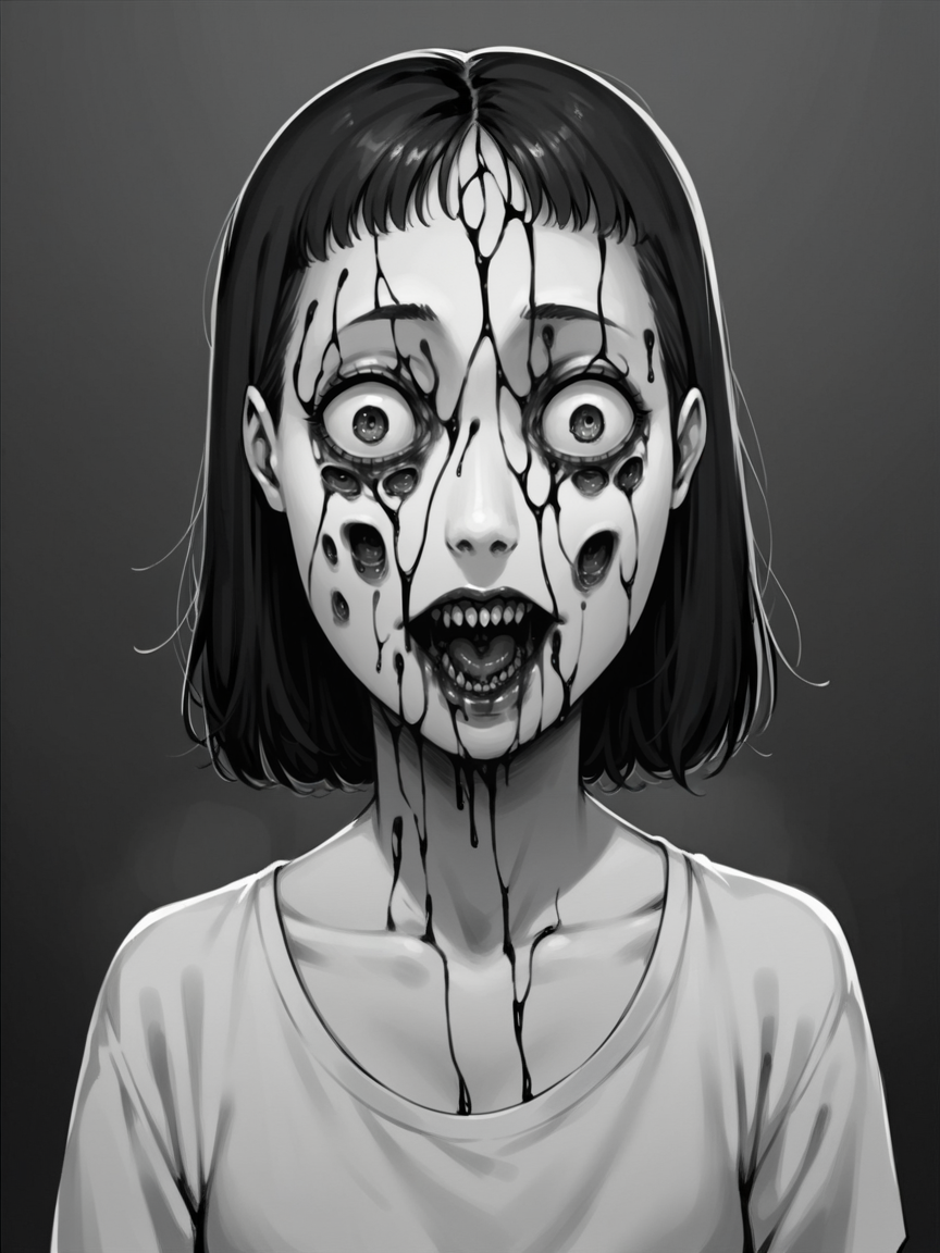 score_9, score_8_up, score_7_up, score_6_up,  <lora:junj11t0XLP:1> junj11t0, junji ito, monochrome, 1girl, horror \(theme\),