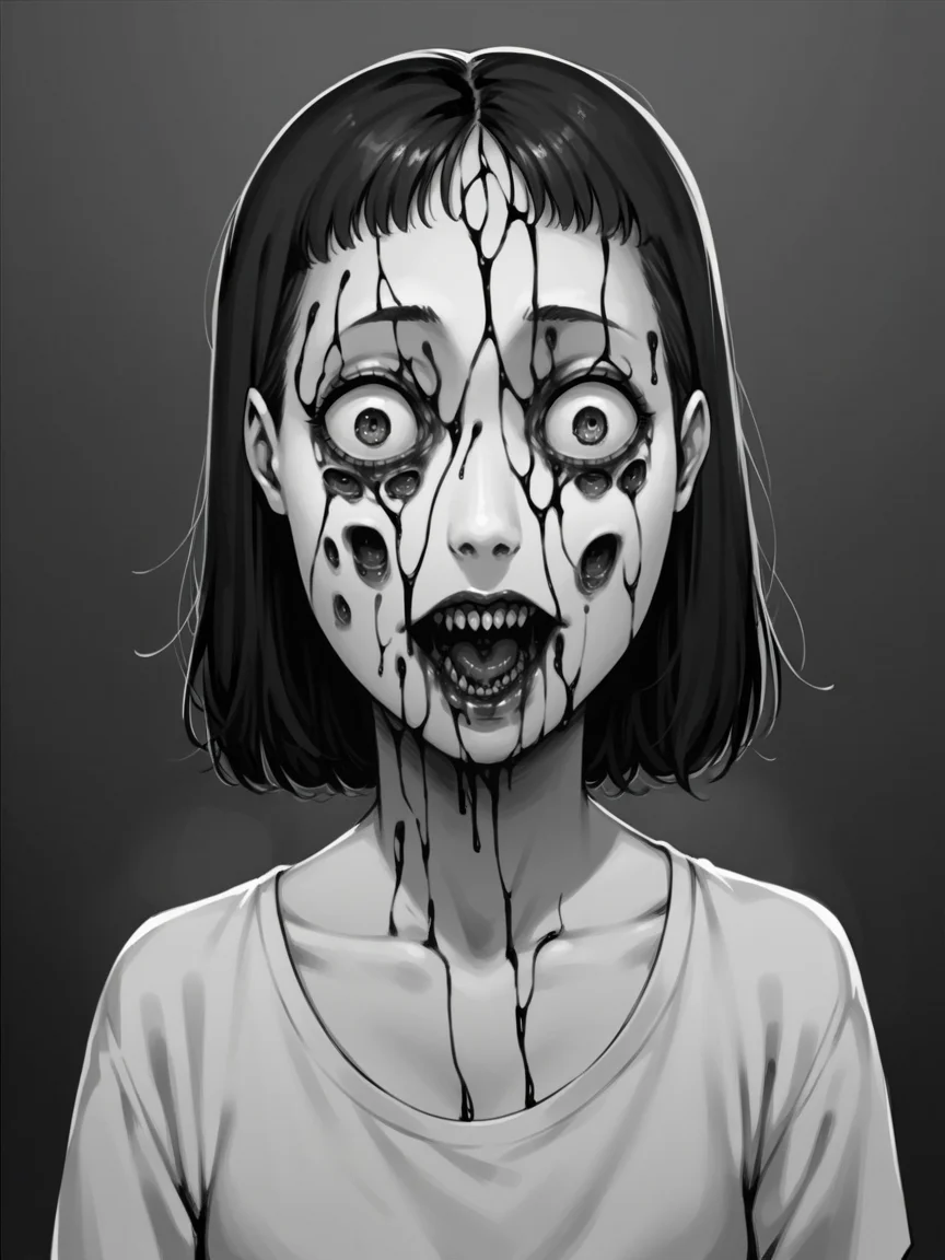 score_9, score_8_up, score_7_up, score_6_up, <lora:junj11t0XLP:1> junj11t0, junji ito, monochrome, 1girl, horror \(theme\),
