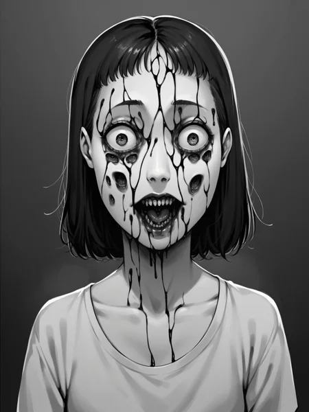 score_9, score_8_up, score_7_up, score_6_up, <lora:junj11t0XLP:1> junj11t0, junji ito, monochrome, 1girl, horror \(theme\),