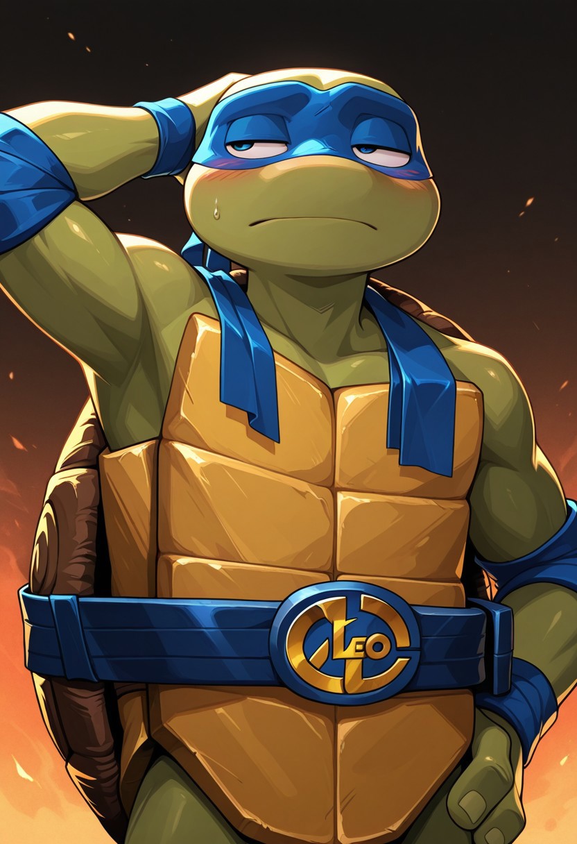 1boy, leo, blue mask, upper body, looking afar from front, from front, narrowed eyes, blush, hand behind head, hand on hip, tmnt,