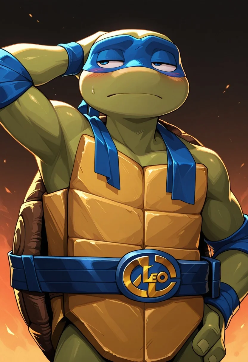 1boy, leo, blue mask, upper body, looking afar from front, from front, narrowed eyes, blush, hand behind head, hand on hip, tmnt,