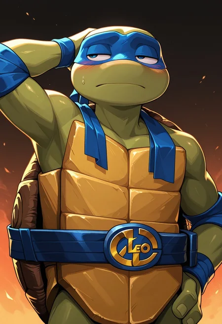 1boy, leo, blue mask, upper body, looking afar from front, from front, narrowed eyes, blush, hand behind head, hand on hip, tmnt,