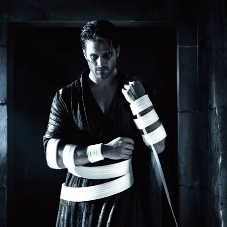 Dark Fantasy Art of  <lora:Sin City:1> 
a man standing in a room with glowing bandages on their arms sin city style, dark, moody, dark fantasy style