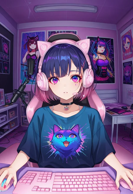 Graphic Design, color art, vibrant colors, colorful, intricate details, high contrast, detailed background, beautiful detailed, beautiful face, detailed eyes, detailed face, new, w3bc4mp0v, keyboard (computer), mouse (computer), chair, 1girl, fr0nt, desk, room, indoors, choker, shirt, headphones, dark, posters, looking at viewer, microphone, cat ears headphones, makeup, (masterpiece, best quality, newest, recent, absurdres),