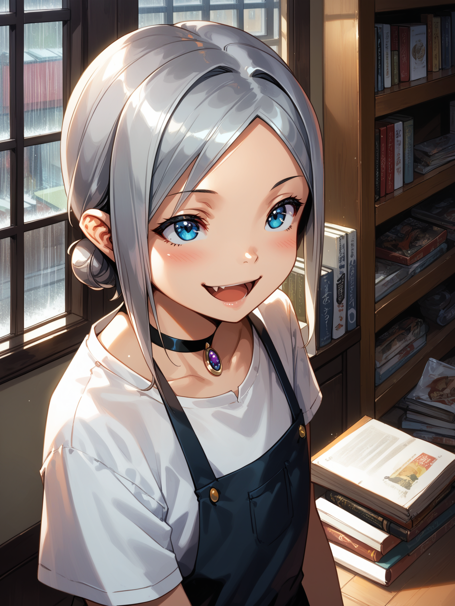 (cowboy shot, solo focus:1.2) <lora:happy_tentacle-leia-v0.1-000033:1>, ht_leia, silver hair, blue eyes, pendant choker, vampire, (petite:1.2), <lora:Shed_The_Skin's StS_age_slider_v1_initial_release:-1.2> ( :1.1) ( , , (happy :1.2) , smile , (looking at another:1.2) :1.1) , indoors, ((dawn :0.6), rain :0.8), ( window :0.9), (furniture:0.9), , , , (people:1.1) , (east asian architecture :0.9), shop , (bookstore :1.2), shelf (( from above :1.1) :0.8) score_9, score_8_up, score_7_up, score_6_up, score_5_up, score_4_up, ( [(realistic, photorealistic:1.3):(realistic:1.2):16] [(3d:1.2)::14] :1) <lora:LUUNA's Lunas-NijiJourney-SDXL-B2:0.35>, nijijourney <lora:prgfrg23's Counterfeit-V3.0 Style SDXL_LoRA_Pony Diffusion V6 XL:0.5> <lora:mfcg's mfcgXL:0.12> <lora:reweik's gyokai(himehajime)_PonyXL_style_v01:0.14>