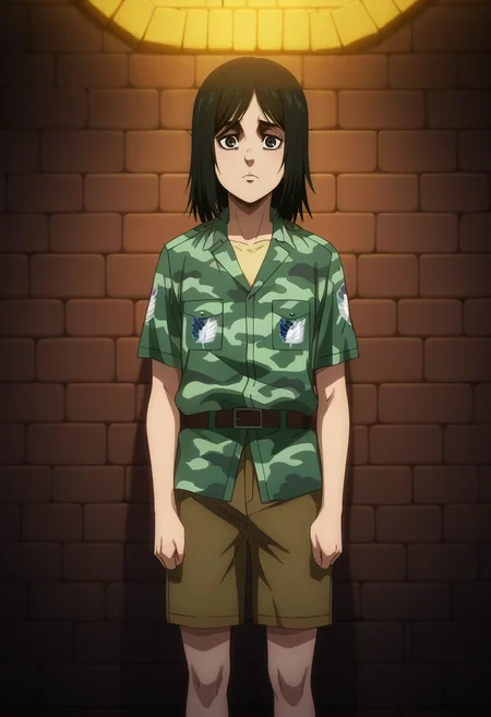 masterpiece, best quality, anime screencap, anime coloring, official style, , looking at viewer, 1boy, male focus, black eyes, titian hair, messy fringe, Board shorts with print, Camouflage shirt, , ,, solo, construction of the Great Wall of China, laborers with stone blocks, towering wall, distant mountains, working pose, focused expression, misty morning, <lora:shingeki_no_kyojin_s4_style_ilxl:1>, shingeki_no_kyojin_s4_style