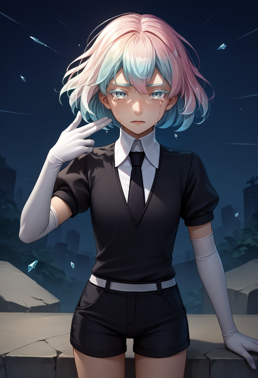 score_9, score_8_up, score_7_up, source_anime, 1girl, finger gun to head, <lora:FingergunToHead_XLPD:1>, <lora:Hoseki_HousekiNoKuni_Diamond_PDXL_v1:0.8> hskdmnd, crystal hair, colored eyelashes, multicolored hair, short hair, black shirt, puffy short sleeves, collared shirt, black necktie, elbow gloves, white gloves, black shorts, night, dramatic, crying, crying with eyes open, blood, looking at viewer, pov