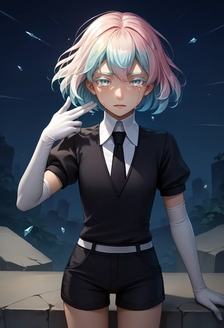 score_9, score_8_up, score_7_up, source_anime, 1girl, finger gun to head, <lora:FingergunToHead_XLPD:1>, <lora:Hoseki_HousekiNoKuni_Diamond_PDXL_v1:0.8> hskdmnd, crystal hair, colored eyelashes, multicolored hair, short hair, black shirt, puffy short sleeves, collared shirt, black necktie, elbow gloves, white gloves, black shorts, night, dramatic, crying, crying with eyes open, blood, looking at viewer, pov