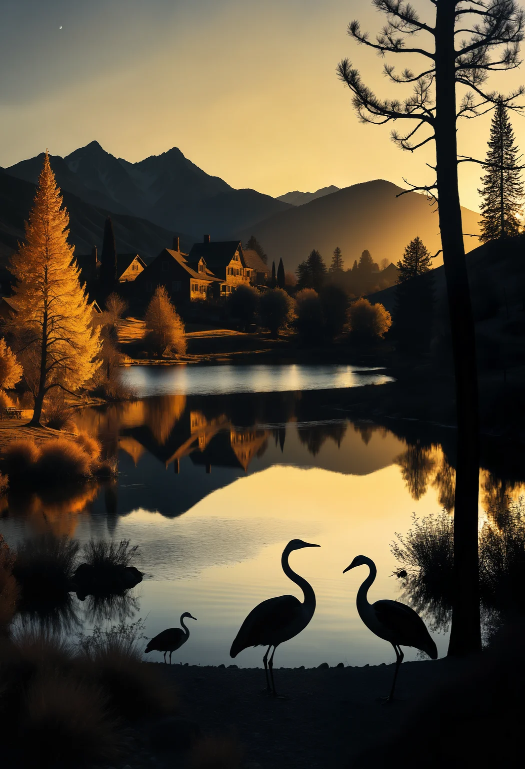 The golden hour lighting up a serene lake in an old, worn village, Ansel Adams style whimsical creatures playing in the garden, Rousseaustyle sky and majestic mountains silhouette against twilight, Intricate linocut landscape with twisted trees and rolling hills, Golden rays of light creating dramatic shadows., 2000s vintage RAW photo, photorealistic, film grain, candid camera, color graded cinematic, eye catchlights, atmospheric lighting, imperfections, natural, shallow dof, High level of detail to create a photographic-like image, focusing on lighting, realistic textures, hyperdetailed.