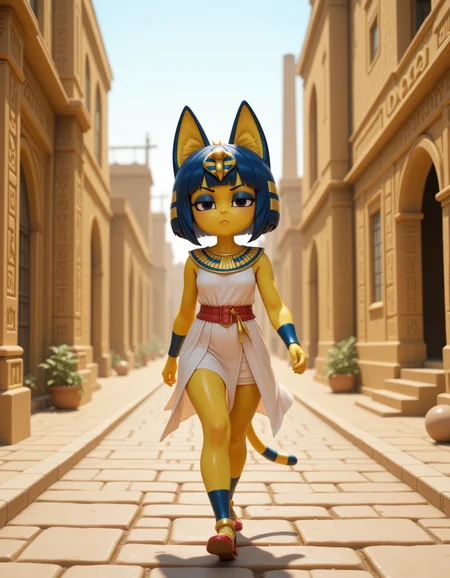 3d CGI Style in a wide shot. Looking at viewer, outdoors in daylight, explicit
She is a 25 year old mature woman, and adult, Defiant with narrowed eyes, a firm stance, and a challenging expression.
<lora:Animal_Crossing_-_Ankah_V2_000030:1> she is an egyptian woman with yellow skin, with cat ears. Blue hair in a bob cut with blunt bangs, she is a furry female with a cat tail. Wearing a
Traditional Egyptian-style attire with gold and blue accents, reflecting ancient royalty.
A woman walks along a quiet, cobblestone street in an ancient city, her footsteps echoing as she takes in the charming old buildings and the soft hum of the city around her.