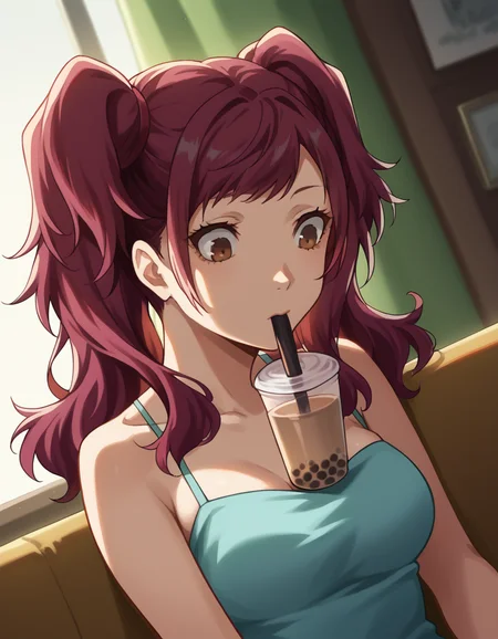 score_9, score_8_up, score_7_up, source_anime, <lora:rise-kujikawa-s1-ponyxl-lora-nochekaiser:1>, rise kujikawa, long hair, red hair, twintails, brown eyes, medium breasts,, <lora:bubble-tea-challenge-ponyxl-lora-nochekaiser:1>, bubble tea challenge, bubble tea, object on breast, drinking straw, drinking straw in mouth, drinking, cup,, indoors, sitting, looking down, , cowboy shot, dutch angle