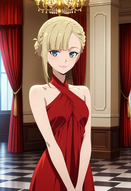 anime screencap, masterpiece, best quality,
<lora:FateSeries_LordEl-MelloiII_ReinesArchisorte_IlluXL:0.9>,
1girl, solo, closed mouth, light smile, light blush,
asymmetrical hair, braided bun, short hair, blonde hair, blue eyes, pink lips, stud earrings,
criss-cross halter, sleeveless dress, red dress,
v arms, standing, looking at viewer, cowboy shot,
indoors, chandelier, curtains, checkered floor