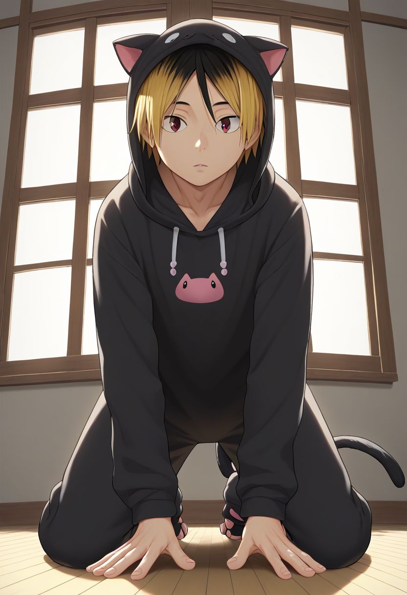 score_9, score_8_up, score_7_up, 1boy, solo, male focus, kenma, blonde hair, multicolored hair, two-tone hair, black hair, brown eyes, bangs, male focus, cat onesie, animal onesie, hoodie, hood up, black animal ears, cat ears, cat costume, animal costume, black clothes, pijama, fluffy clothes, pajama, cat tail, cute, 1dk, portrait, derpibooru_p_95, otoko no ko, detailed eyes, indoors, full body portrait, from below, kneeling on floor, window, cat paws,
