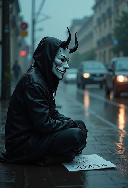 demon oni with a mask sitting in the rain, (black ink tears from eyes),tears, text on paper says "Pet Me Please", close-up, dark clouds, rain, water puddles and cars, street, emotional scene, realistic, cinematic lighting and dramatic atmosphere,plain white mask:2, tears,theatrycal mask,sad, demon, smoke, smoke in the backround, smoke clothes,