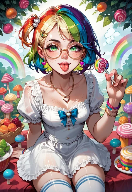 score_9, score_8_up, score_7_up, source_anime, short hair, 1girl, food, candy, jewelry, lollipop, one side up, bracelet, thighhighs, striped, looking at viewer, necklace, tongue, Mycelia, (rainbow colored hair:1.3), candy hairclip, round glasses, green eyes, freckles, petite