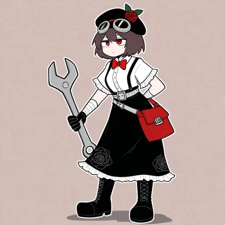 Sentaku-bune, BREAK, 1girl, solo, (tall, broad chest, wide waist, mature, red eyes, brown hair, short hair, black beret, black goggles on head, rose on head, red bow tie, silver belt buckle, white blouse, short sleeves, black skirt, floral skirt, white frills, black gloves, hand wraps, arm wraps, tall boots, black footwear, black suspenders, red pouches, red satchel), standing, holding tool, (huge_metal_wrench), hand behind back), full body, simple background,