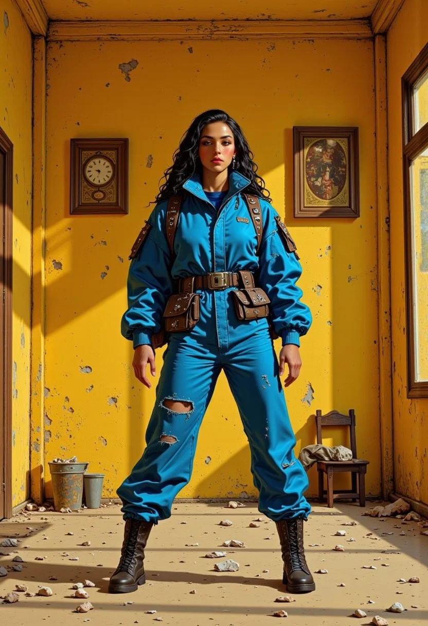 The image depicts a room with a worn, rustic interior, characterized by peeling yellow paint and sandy flooring. The atmosphere suggests abandonment or decay, enhanced by the scattered dust. In the foreground, a woman stands confidently, dressed in a striking blue outfit reminiscent of a futuristic or post-apocalyptic setting, complete with high-tech accessories like a utility belt and a backpack. She appears alert and observant, with a serious expression, as if exploring or perhaps preparing for a challenge. Behind her, the walls are adorned with an old clock and framed artwork, hinting at a once-lived space now steeped in silence and neglect.