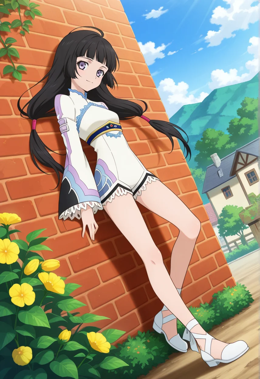floating hair, light smile, yellow leaves, lean back against wall, brick wall, overgrown plants, looking at viewer,
full body, dynamic angle,
BREAK,
<lora:kohak_illustriousXL_v03:1>
kohakdef, black hair, purple eyes, very long hair, blunt bangs, ahoge, low tied hair, twintails,
white bodysuit, long sleeves, wide sleeves, lace, back cutout, laced sleeves,
bare legs, long legs, white footwear, pointe shoes, flat shoes,, source_anime, very aesthetic, anime coloring, masterpiece,
best quality, amazing quality, ultra detailed, very aesthetic,
detailed background,
BREAK,, village, trees, flowers, clouds, day,