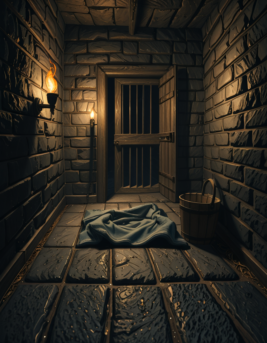 A hyper-realistic photo of a dark medieval dungeon cell inspired by Skyrim, with cold, damp stone walls covered in patches of moss and cracks. The floor is made of uneven cobblestones, partially wet with small puddles reflecting dim torchlight. An old, rusted iron-barred door is slightly ajar, casting long shadows on the ground. In the corner, a pile of straw serves as a makeshift bed, with a thin, tattered blanket thrown over it. Chains and shackles hang from the walls, showing signs of centuries of use. A small wooden bucket sits beside the bed, used as a primitive toilet. The atmosphere is heavy and oppressive, filled with a faint mist in the air. The only source of light comes from a single flickering torch mounted on the wall outside the cell, creating dramatic, warm orange glows contrasting with deep, cold shadows. The photo is taken from a slightly low angle, as if from the perspective of someone crouched on the floor inside the cell, adding a sense of claustrophobia and confinement. Ultra-realistic textures, high detail, cinematic lighting, 4K quality.
<lora:SDXLFaeTastic2400:0.4> <lora:extremely_detailed:0.4> extremely detailed,,dungeon c3ll <lora:dungeon_c3ll-i:1>, Masterpiece,best quality,hi res,8k,hi res,8k,award winning,(sharp focus, intricate, highly detailed),