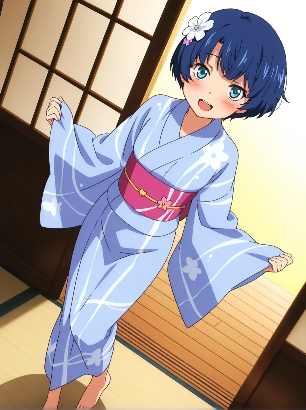 (masterpiece:1.4), (best quality:1.4),,absurdres,anime screenshot
1girl,female focus,solo,,detailed eyes,1girl,
tanigawa_kanna,  
blue hair, short hair, blue eyes,   aqua eyes, 
 hair ornament, flower, hair flower, yukata, sash,  obi, blue kimono,barefoot,
smile,looking at viewer,blush,open mouth,
outstretch arms 
indoor,tatami,,dutch angle,full body
 <lora:kanna:1>