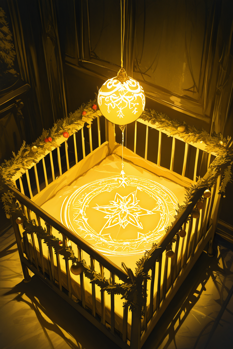 realistic shading, dim lighting, yellow theme, floating magic circle, dacrib, christmas-crib focus, dacrib_christmas ornaments, no humans, carrot, indoors, dark environment, fantasy, dutch angle, dynamic angle, intricately detailed illustration, masterpiece, best quality, amazing quality, very aesthetic, absurdres, newest
