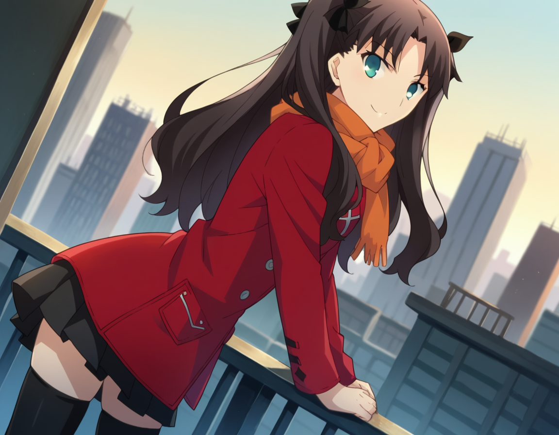 score_9, score_8_up, score_7_up, source_anime,
rintohsaka, <lora:rin-tohsaka-ubw-ponyxl-lora-nochekaiser:1>,
rin tohsaka, aqua eyes, black hair, hair ribbon, long hair, ribbon, sidelocks, two side up, parted bangs,
skirt, thighhighs, long sleeves, pleated skirt, black thighhighs, black skirt, scarf, zettai ryouiki, coat, red coat, orange scarf,
outdoors, cityscape, smile, bent over,
looking at viewer, dutch angle, cowboy shot,
