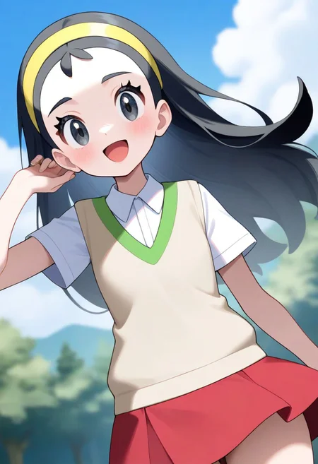 2d, masterpiece, best quality, amazing quality, highres, absurdres, newest, standing, smile, open mouth, cowboy shot, upper body, sky, clouds, woods, nature, teammates \(pokemon\), 1girl, solo, senpai, long hair, black hair, black eyes, yellow hairband, green sweater vestcollared shirt, short sleeves, beige sweater vest, red skirt, miniskirt,,masterpiece,best quality,newest,absurdres,highres,very awa