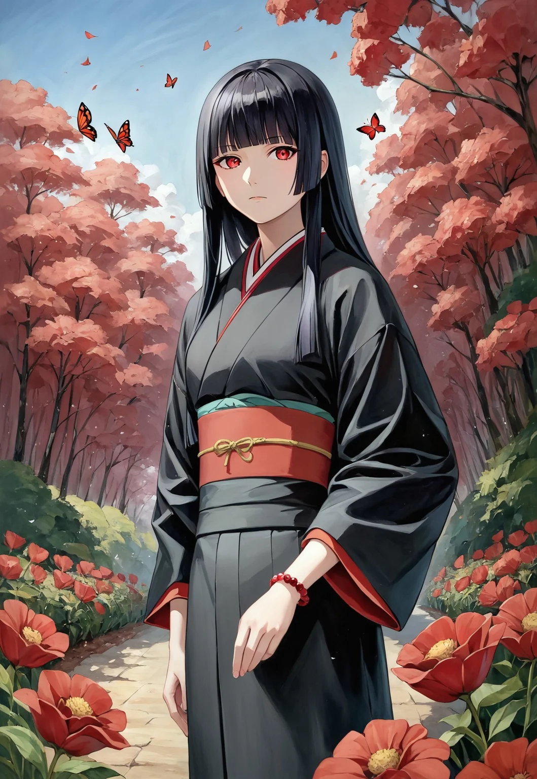 score_9, score_8_up, score_7_up, score_6_up,source_anime, masterpiece, ultra detailed, highres, 4k, best quality, BREAK, <lora:JigokuShoujo_XL:0.8>, Enma Ai, 1girl, solo, japanese clothes, long hair, butterfly, bug, black hair, kimono, hime cut, bangs, bracelet, blunt bangs, jewelry, black kimono, red eyes, ultra-detailed eyes, standing, staring at viewer, outdoors, dark red flower field, dark red butterflies, dusk, red sky, dutch angle, standing, floating hair, painterly, faux traditional media