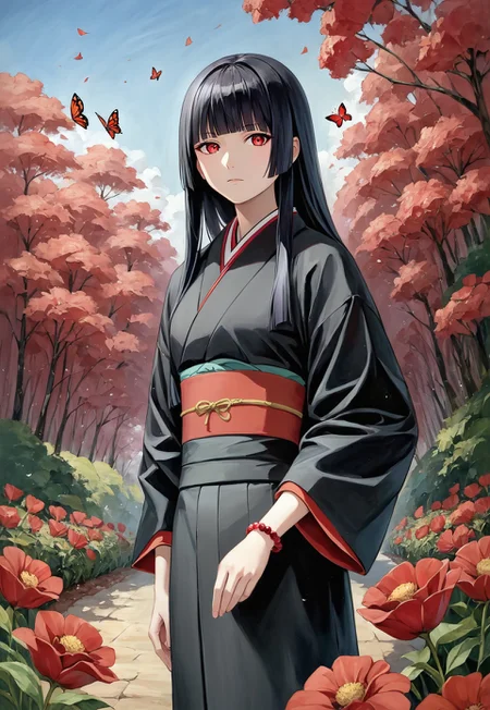 score_9, score_8_up, score_7_up, score_6_up,source_anime, masterpiece, ultra detailed, highres, 4k, best quality, BREAK, <lora:JigokuShoujo_XL:0.8>, Enma Ai, 1girl, solo, japanese clothes, long hair, butterfly, bug, black hair, kimono, hime cut, bangs, bracelet, blunt bangs, jewelry, black kimono, red eyes, ultra-detailed eyes, standing, staring at viewer, outdoors, dark red flower field, dark red butterflies, dusk, red sky, dutch angle, standing, floating hair, painterly, faux traditional media