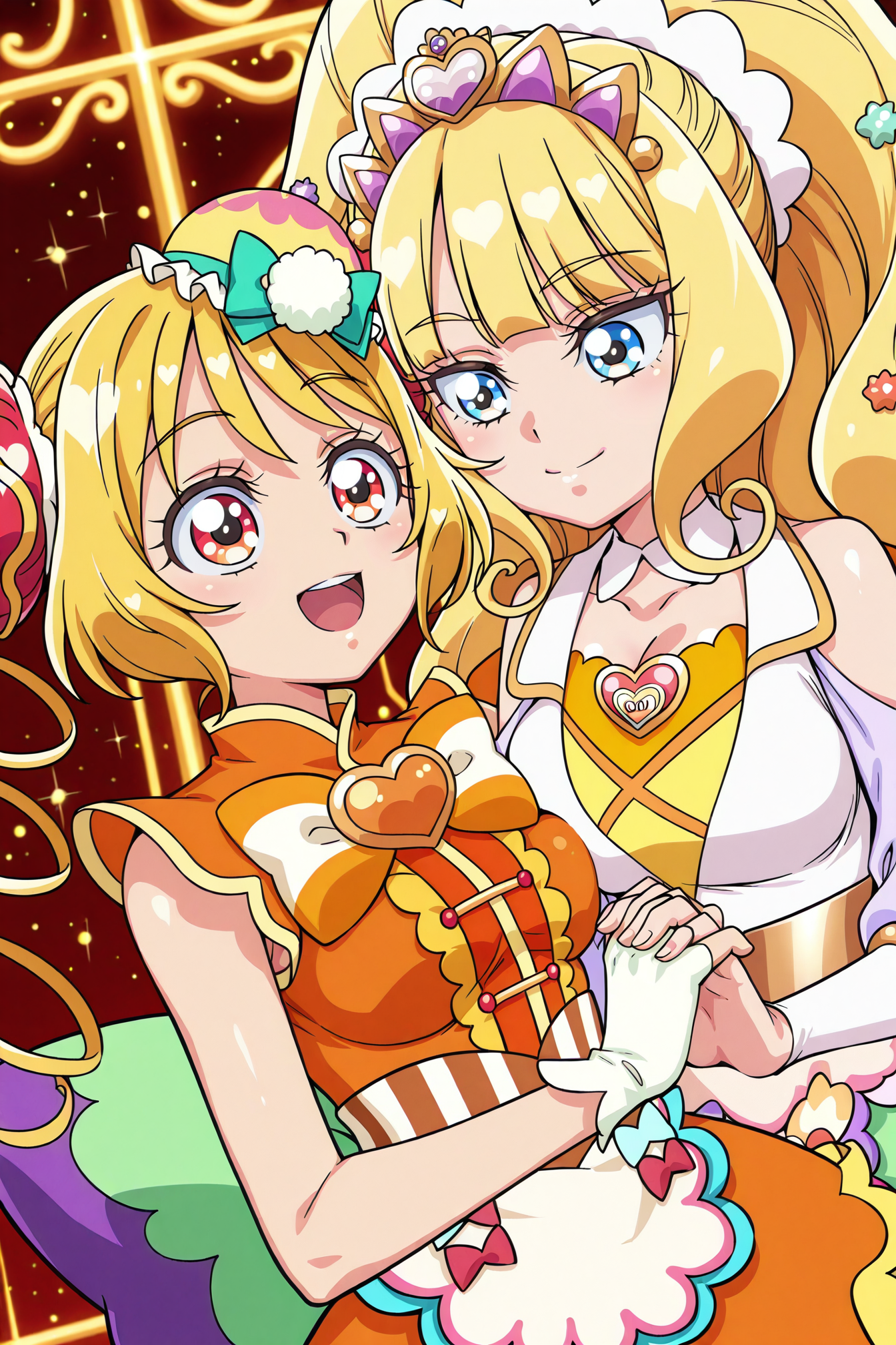 detailed background, shiny skin, posing,
<lora:delipri.il:1.0>,
delipri,
2girls,
cureyumyum, curefinale,
(large breasts:2),
yuri, happy, interlocked fingers,