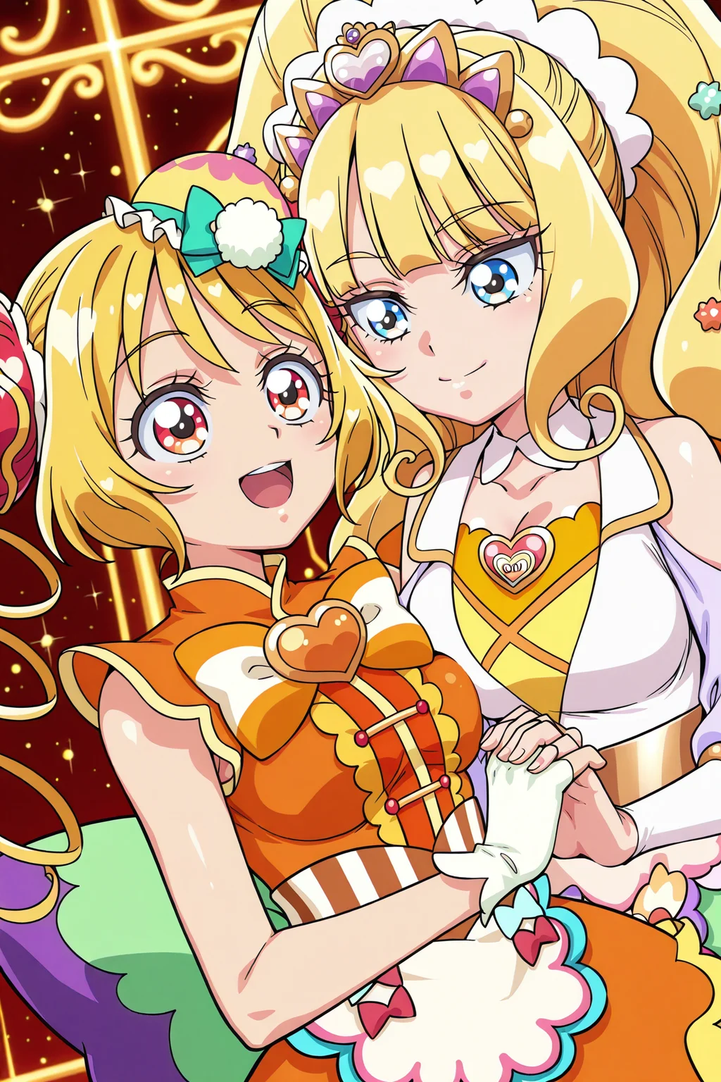 detailed background, shiny skin, posing,
<lora:delipri.il:1.0>,
delipri,
2girls,
cureyumyum, curefinale,
(large breasts:2),
yuri, happy, interlocked fingers,