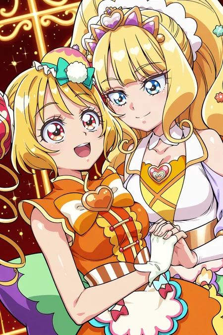 detailed background, shiny skin, posing,
<lora:delipri.il:1.0>,
delipri,
2girls,
cureyumyum, curefinale,
(large breasts:2),
yuri, happy, interlocked fingers,