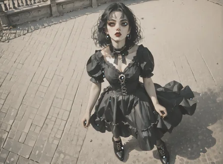 score_9, score_8_up, score_7_up, Fighting scene, shot from above, looking up against all odds, woman, pale skin, large breasts, <lora:sm0k3XLP:1>, <lora:goth_clothes:1>, goth dress, gothic, black dress, detailed dress, black high heeled shoes, Shoulder length hair, unnatural haircolor, <lora:john:1>, <lora:Eldritch_Universe_Style:1>,