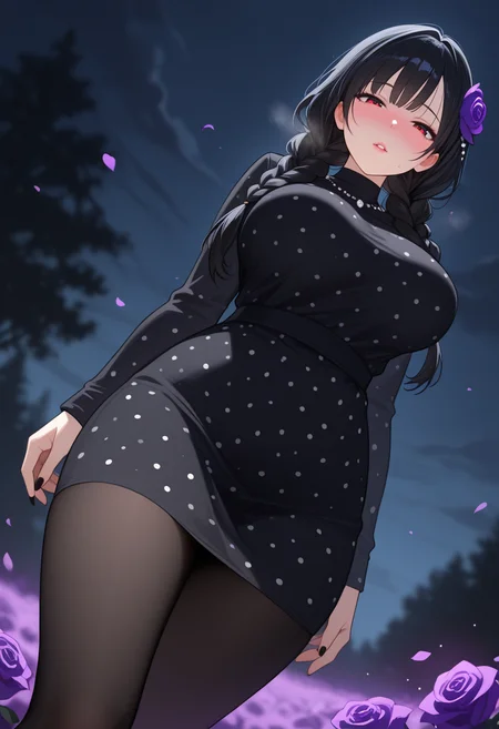masterpiece, best quality, amazing quality,
1girl, solo, dress, black hair, braid, flower, twin braids, pantyhose, black dress, black pantyhose, outdoors, purple flower, bangs, looking at viewer, long sleeves, long hair, cloud, polka dot dress, tree, sky, cloudy sky, parted lips, petals, polka dot, dutch angle, rose, hair ornament, black nails, standing
,dutch angle, dark background, (night:0.8), blurry background, glowing light particles, depth of field
,nose blush, sweat, steaming body, lips, large breasts, mature female, <lora:AGM_style_IL_v0.1:1.0>