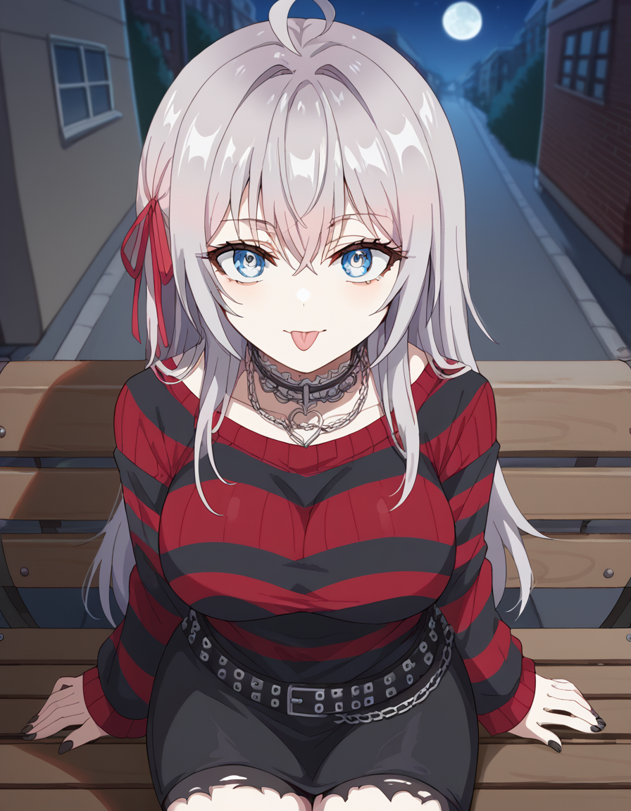 score_9, score_8_up, score_7_up, source_anime, alisamikhailovnakujou, <lora:alisa-mikhailovna-kujou-s1-ponyxl-lora-nochekaiser:1>, alisa mikhailovna kujou, long hair, bangs, blue eyes, hair ribbon, ahoge, grey hair, red ribbon, large breasts,, <lora:emo-fashion-ponyxl-lora-nochekaiser:1>, emo fashion, torn sweater, two-tone sweater, sweater under shirt, striped sweater, lace-trimmed choker, belt chain, red sweater, black sweater, goth fashion, street, night, moon, sitting, bench, from above, tongue out, cowboy shot, looking at viewer