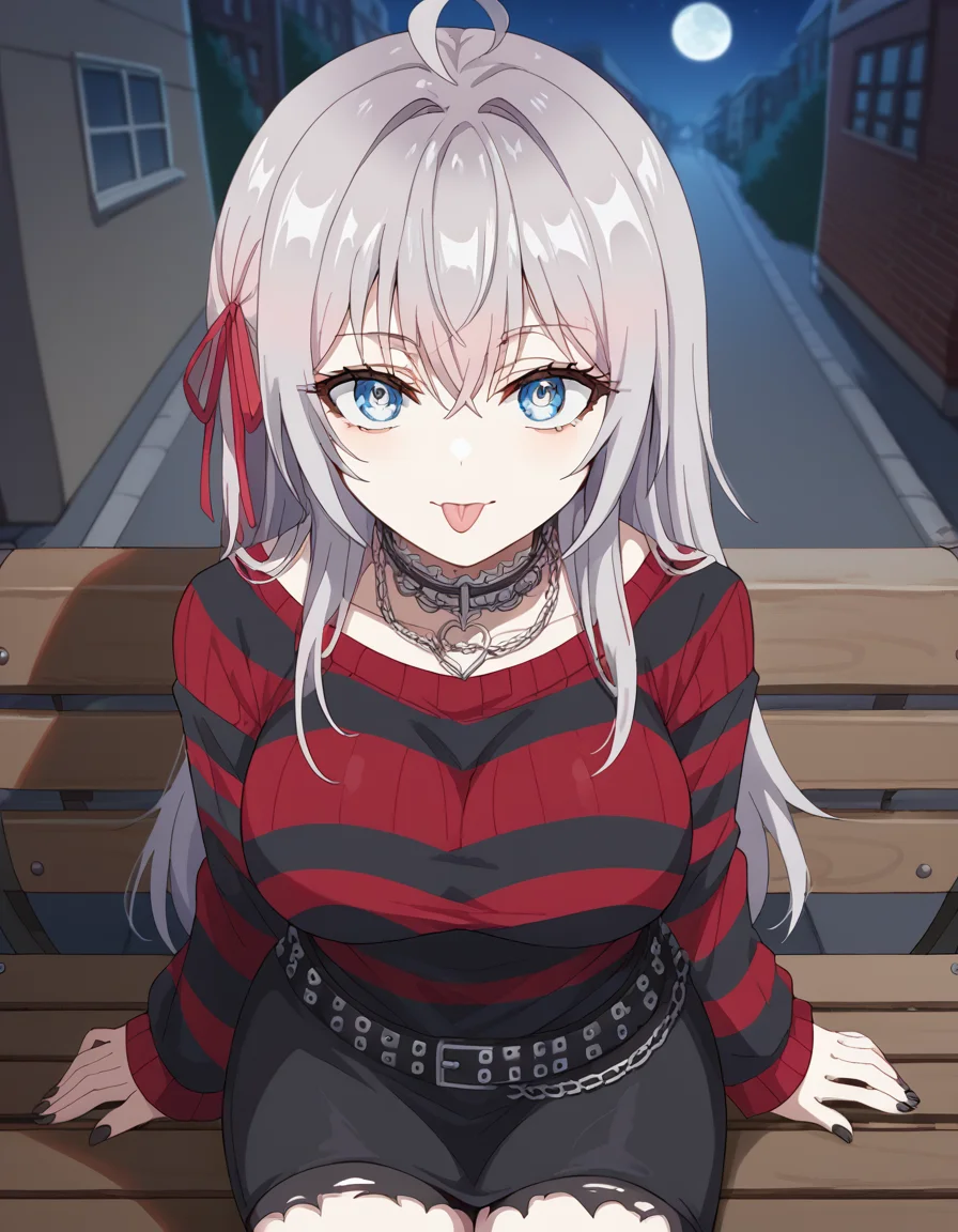score_9, score_8_up, score_7_up, source_anime, alisamikhailovnakujou, <lora:alisa-mikhailovna-kujou-s1-ponyxl-lora-nochekaiser:1>, alisa mikhailovna kujou, long hair, bangs, blue eyes, hair ribbon, ahoge, grey hair, red ribbon, large breasts,, <lora:emo-fashion-ponyxl-lora-nochekaiser:1>, emo fashion, torn sweater, two-tone sweater, sweater under shirt, striped sweater, lace-trimmed choker, belt chain, red sweater, black sweater, goth fashion, street, night, moon, sitting, bench, from above, tongue out, cowboy shot, looking at viewer