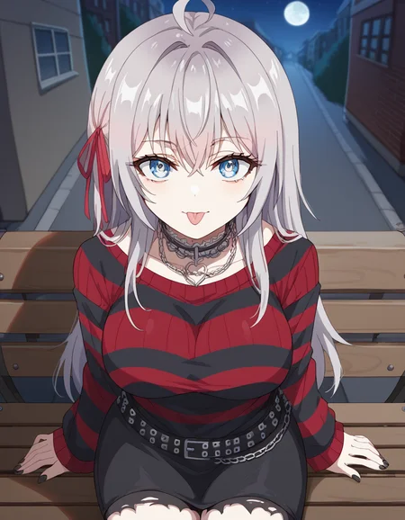 score_9, score_8_up, score_7_up, source_anime, alisamikhailovnakujou, <lora:alisa-mikhailovna-kujou-s1-ponyxl-lora-nochekaiser:1>, alisa mikhailovna kujou, long hair, bangs, blue eyes, hair ribbon, ahoge, grey hair, red ribbon, large breasts,, <lora:emo-fashion-ponyxl-lora-nochekaiser:1>, emo fashion, torn sweater, two-tone sweater, sweater under shirt, striped sweater, lace-trimmed choker, belt chain, red sweater, black sweater, goth fashion, street, night, moon, sitting, bench, from above, tongue out, cowboy shot, looking at viewer