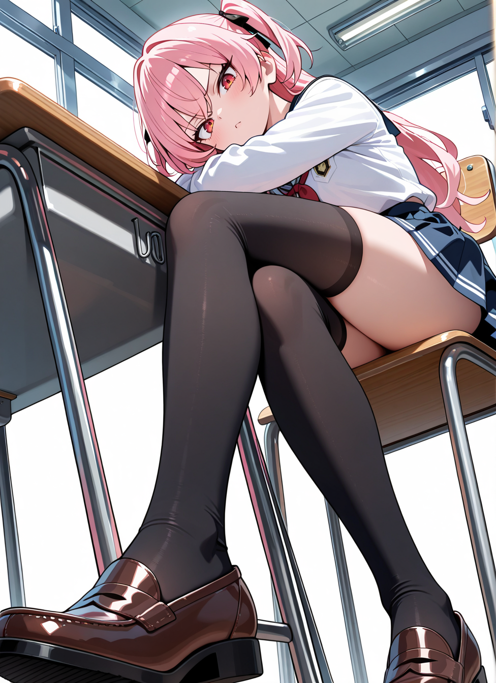 masterpiece, anime coloring, newest,   black thighhighs, school uniform, skirt, shoes, sitting, crossed legs, feet, from below, chair, tsurime eyes, perverted, tsundere, no panties, classroom,, <BREAK> masterpiece, best quality, absurdres, highres, very aesthetic, high quality, detailed, insanely detailed, beautiful, very awa