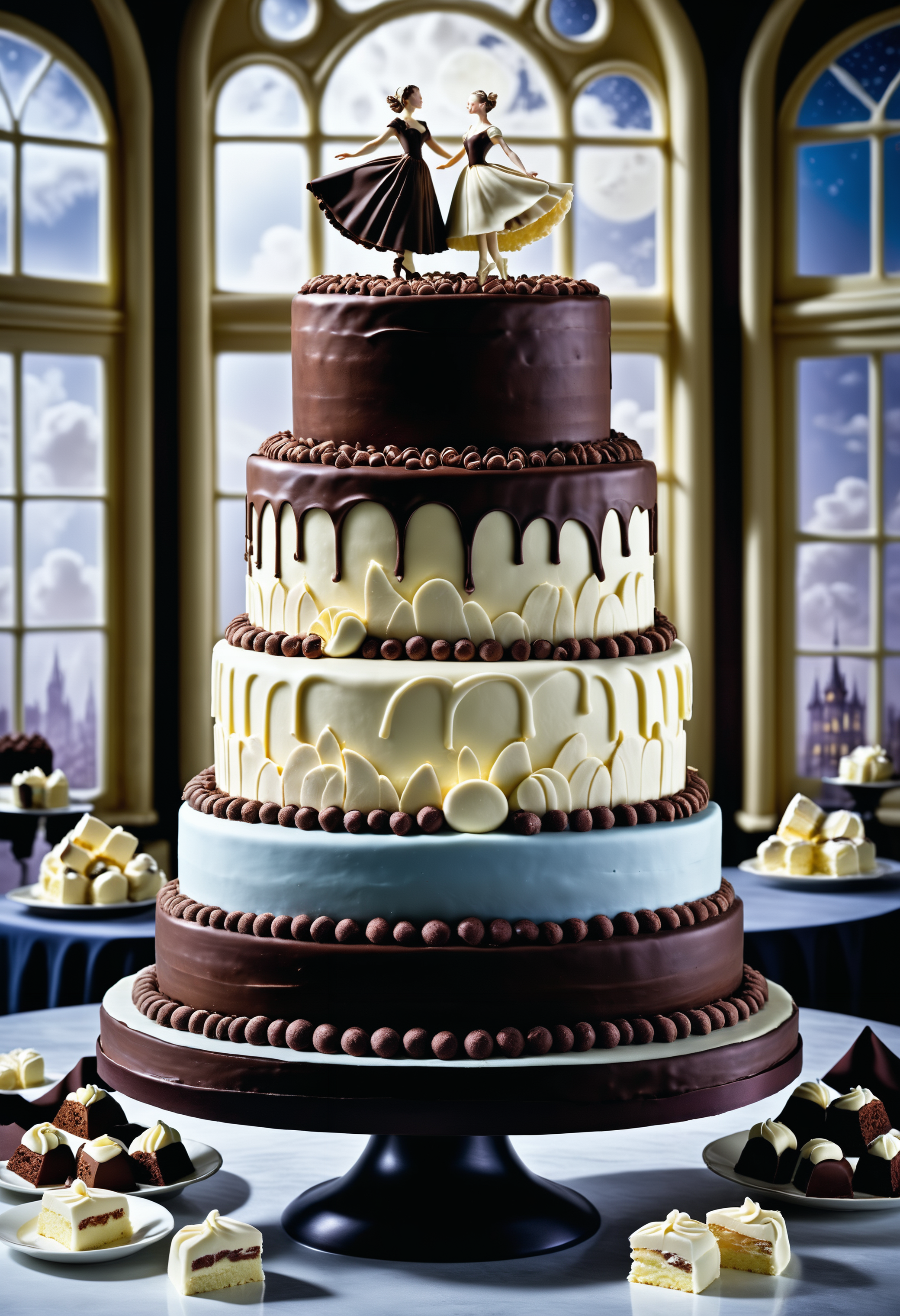 A masterpiece of a giant cake, best quality, ("The dance of moonlight and shadows, a nocturnal ballet, casting enchantment upon the world.":1.3) , Tiffed, inside a Factory, ruled by ruthless criminal corporations, Intimate portraits, humorous situations, capturing the glamour of mid-20th century fashion, staged, great, Jed-ChocoC, chocolate, cereals, <lora:last:0.7>, Jed-whtccae, <lora:WhiteChocoStyle-000005:0.6>, Jed-mrshmlw, <lora:MarshmallowStyle-000007:0.5>, Icing, romantic, illustrious quality, creative, deep rich colors, excellent composition