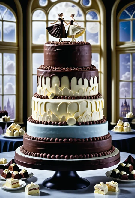 A masterpiece of a giant cake, best quality, ("The dance of moonlight and shadows, a nocturnal ballet, casting enchantment upon the world.":1.3) , Tiffed, inside a Factory, ruled by ruthless criminal corporations, Intimate portraits, humorous situations, capturing the glamour of mid-20th century fashion, staged, great, Jed-ChocoC, chocolate, cereals, <lora:last:0.7>, Jed-whtccae, <lora:WhiteChocoStyle-000005:0.6>, Jed-mrshmlw, <lora:MarshmallowStyle-000007:0.5>, Icing, romantic, illustrious quality, creative, deep rich colors, excellent composition