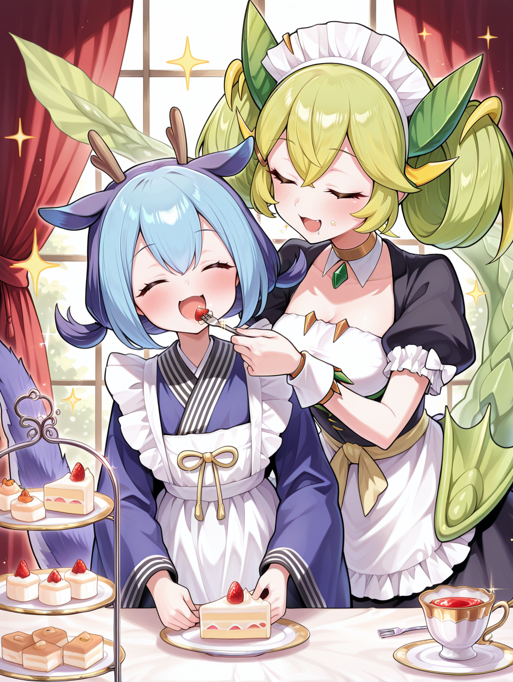 2girls,parlor dragonmaid,white detached collar,white maid headdress,white wrist cuffs,black maid costume,laundry dragonmaid,blue maid outfit,red curtains,cake,closed eyes,window,indoors,feeding,open mouth,blush,holding fork,smile,plate,sparkle,tiered tray,tail raised,
masterpiece,best quality,amazing quality,very aesthetic,absurdres,newest,<lora:parlor dragonmaid illuXL v1.1:0.74>,