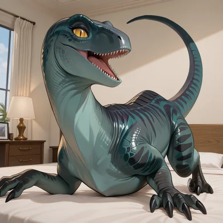 1girl, highres, absurdres, newest, masterpiece, best quality, furry, furry_female, dinosaur, raptor, scales, tail, claws, talons, Delta_jw, teal scales, black stripes, yellow sclera, slit pupils, (feral, quadruped:1.3), detailed eyes, on_bed, on_stomach, open_mouth, open mouth smile, luxurious detailed room, bright room, day scene, professional lighting, white bed, solo, bedroom, smiling, seductive, looking_at_viewer, masterpiece, close up, safe