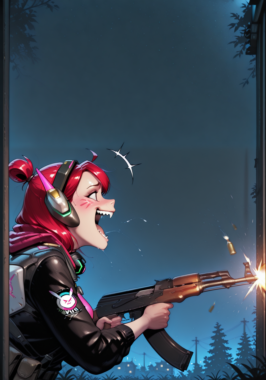 masterpiece, best quality, amazing quality, very aesthetic, absurdres, newest, wfus3, dva_\(overwatch\), side_view, firing_gun, ak-47, assault_rifle, bullet_casings,intense_action, maniacal_laughter, sharp teeth, pointy teeth, (laughing), wild_eyes, outdoors, night, dynamic_shot, windblown_hair,<lora:ak-47.safetensors:1.0:1.0> <lora:Wfus3.safetensors:1:1>