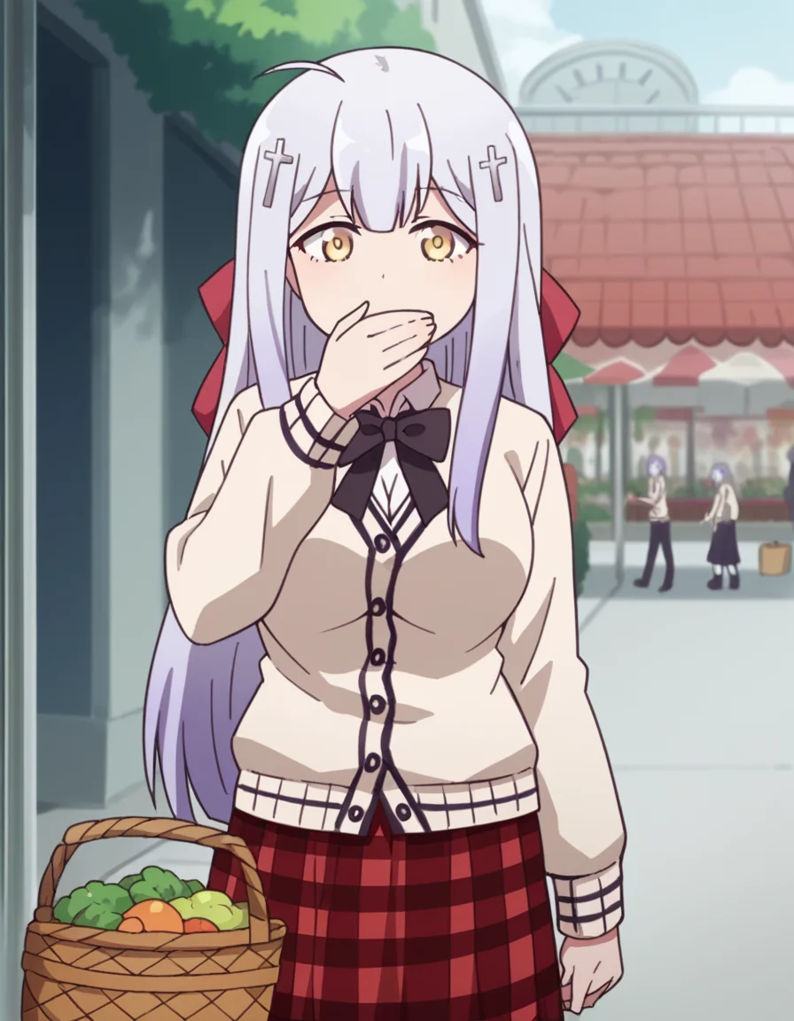 score_9, score_8_up, score_7_up, source_anime, <lora:raphiel-shiraha-ainsworth-s1-ponyxl-lora-nochekaiser:1>, raphiel shiraha ainsworth, long hair, ahoge, white hair, hair ornament, cross hair ornament, yellow eyes, large breasts,, skirt, school uniform, plaid, kneehighs, plaid skirt, cardigan, bow, black bow, bowtie, white cardigan, red skirt,, farmers market, fresh produce, local vendors, baskets, sunny day, community, , , hand covering mouth, solo,, cowboy shot, dutch angle