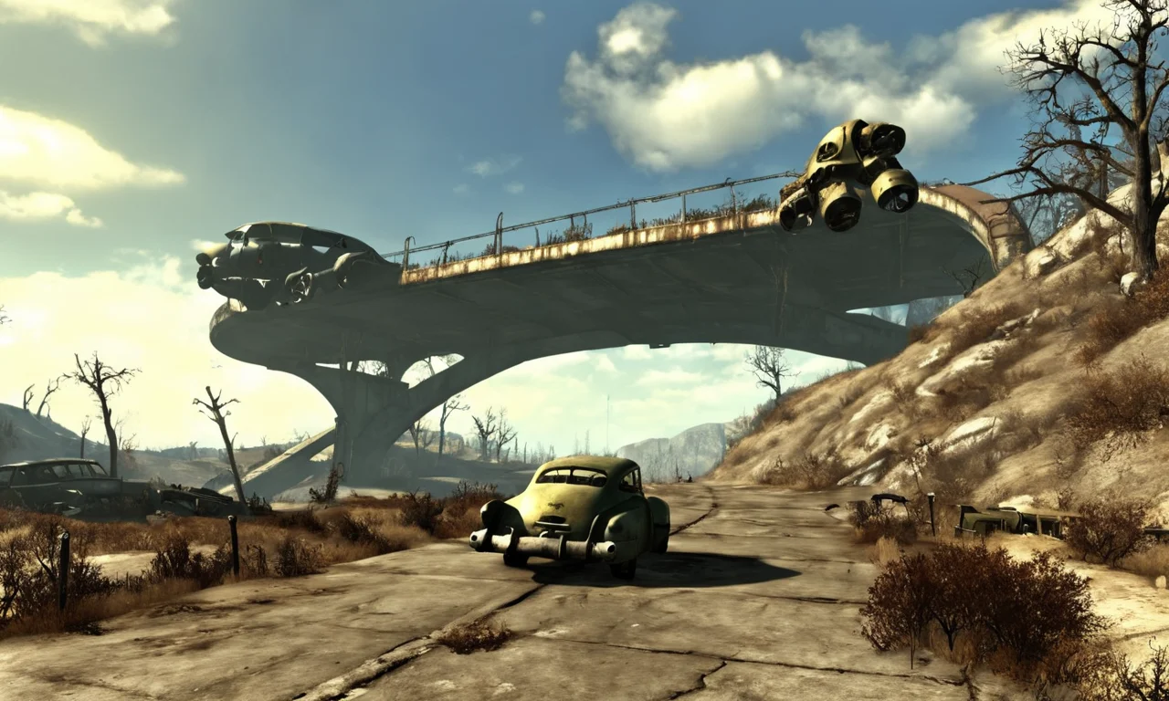 broken overpass,<lora:falloutlandsdxl:0.8>, falloutlandsdxl, landscape, best quality, masterpiece, retro-fruturistic cars, fallout 3
