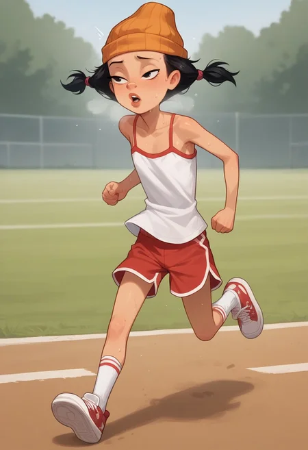 score_8, score_8_up, score_7_up, score_6_up, source_cartoon, BREAK, 1girl, solo, Ashley_Spinelli, orange beanie,petite, slender body medium-length, black hair, twintails, almond-shaped, black eyes, full lips, tan skin,,, ,,,,,petite, messy hair, loose top, loose clothes, half closed eyes, heavy sweating, heavy breathing, motion lines, solo, female focus, white camisole, ((red dolphin shorts)), sneakers, socks, athletics field, running, sprinting, outdoors, full body, flat chest, prefect anatomy,<Lora:Spinelli:1>