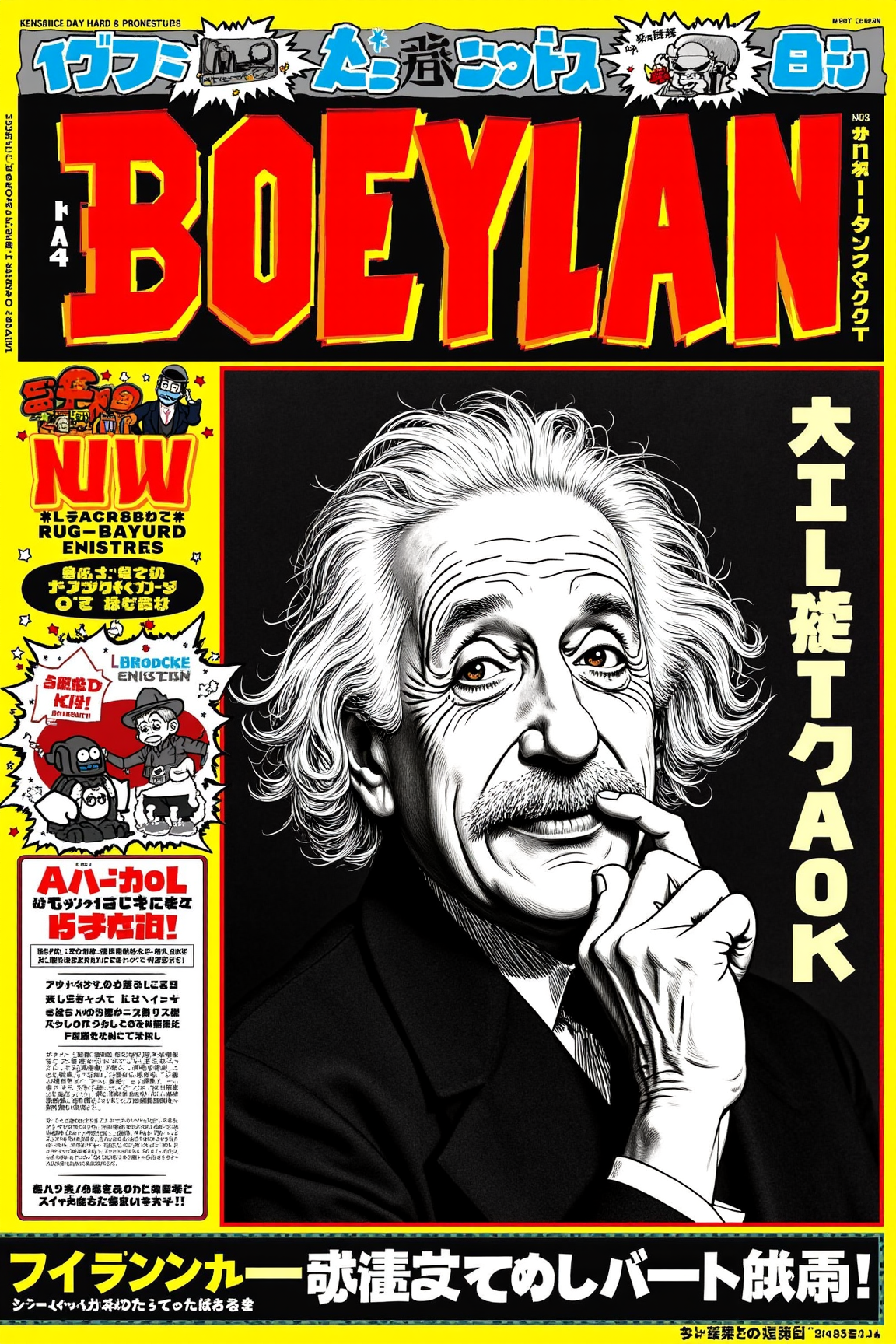 Manga style Poster with bold large fonts and graphics, A good quality photo of Albert Einstein from the 1920s.